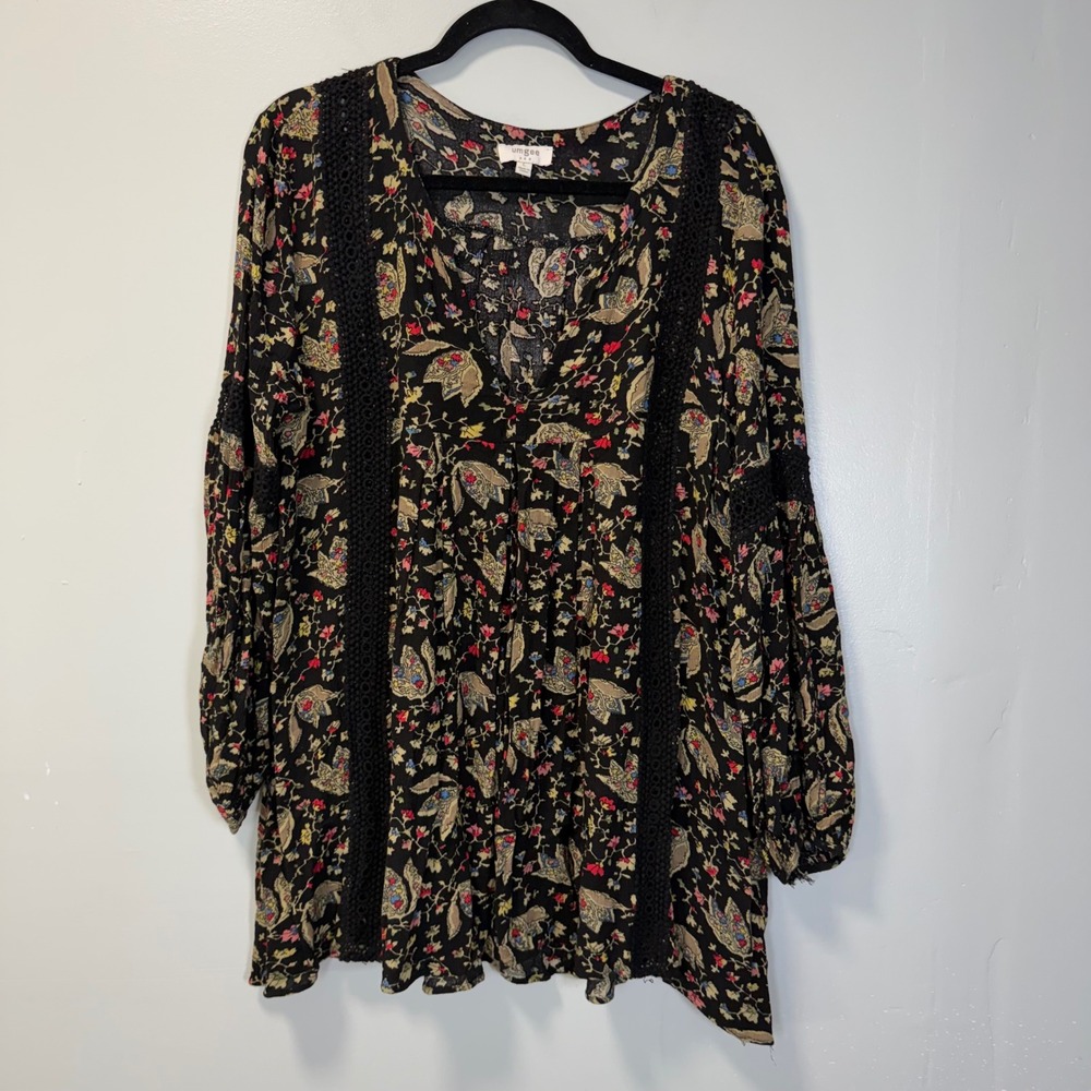 Umgee‎ Boho Floral Crochet Lace Trim Tunic Blouse Black Large G0318 Cottagecore